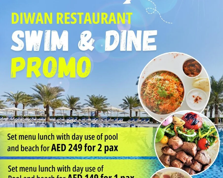 Swim & Dine, Guests enjoying a refreshing swim in the pool while dining at Al Bahar Hotel and Resort